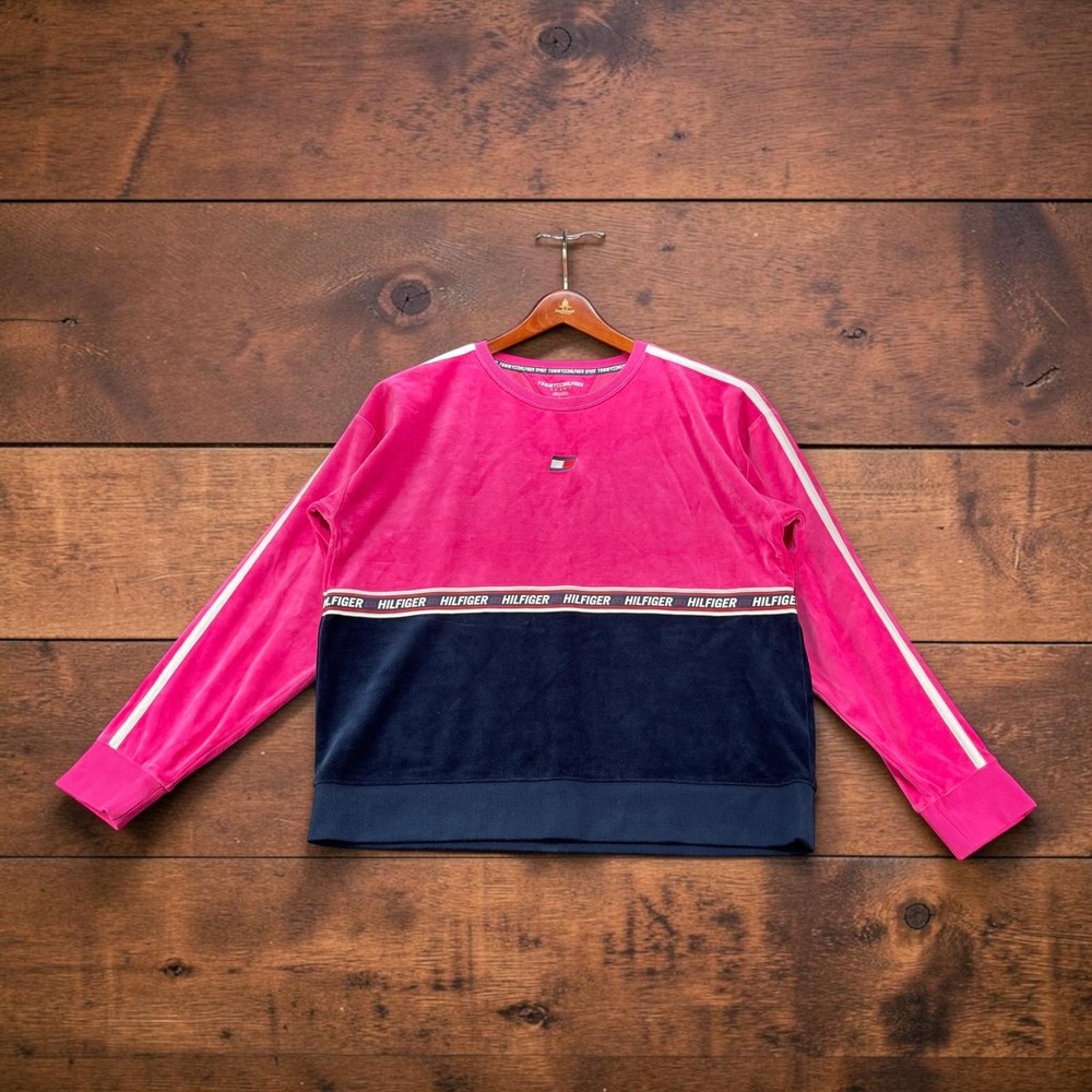Tommy Hilfiger Sport Womens Velour Color Block Pullover Sweatshirt Pink Navy L